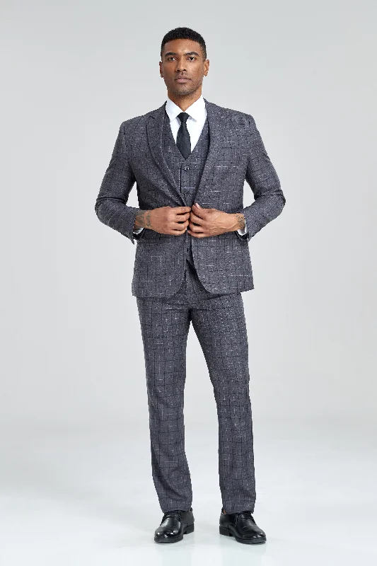 Men's dark brown suit -Grey Navy Light Blue Plaid Men's 3 Piece Suits