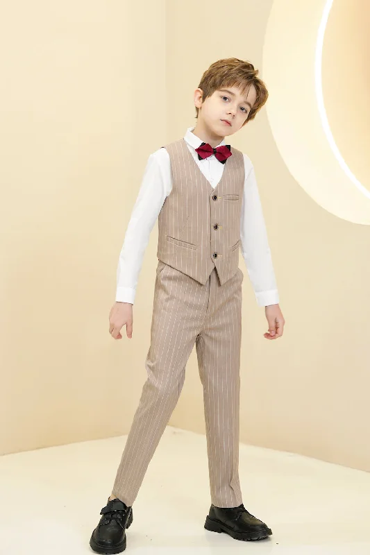 Men's office wedding suit -Khaki Striped Modern 4 Piece Boy's Formal Suits