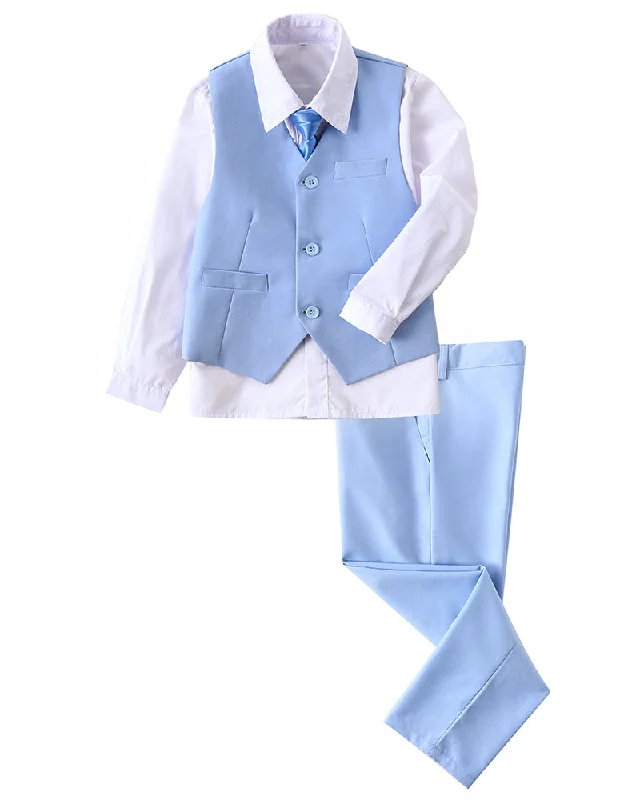 Men's black suit -Light Blue 4 Piece Boys' Formal Suit Set with Vest Pants Dress Shirt and Tie BS42