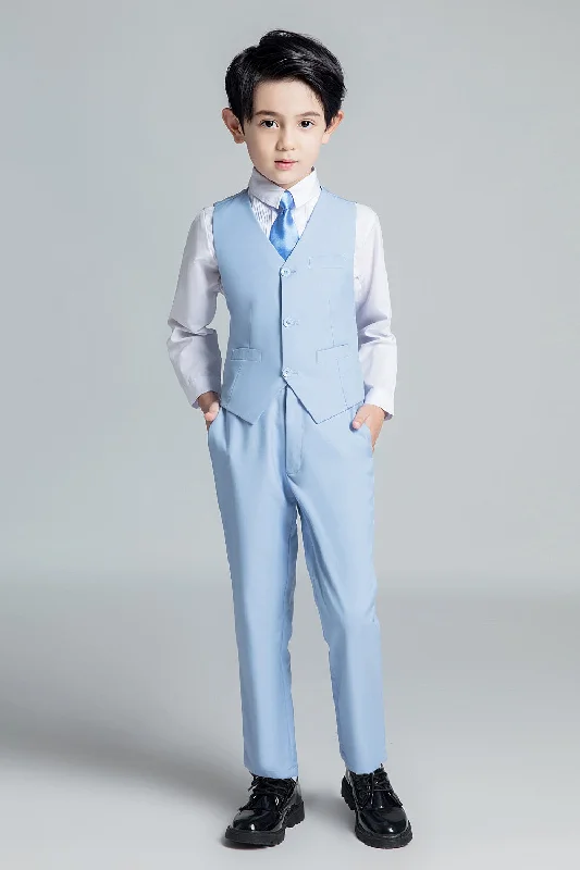 Men's light grey suit -Light Blue Formal Classic 4 Piece Boy's Formal Suits With Vest+Pants+Shirt+Tie