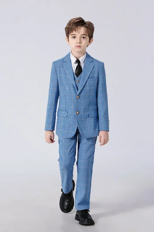 Affordable men's suits -Light Blue Plaid Elegant Formal 4 Piece Boys Suits With Jacket+Pants+Shirt+Tie