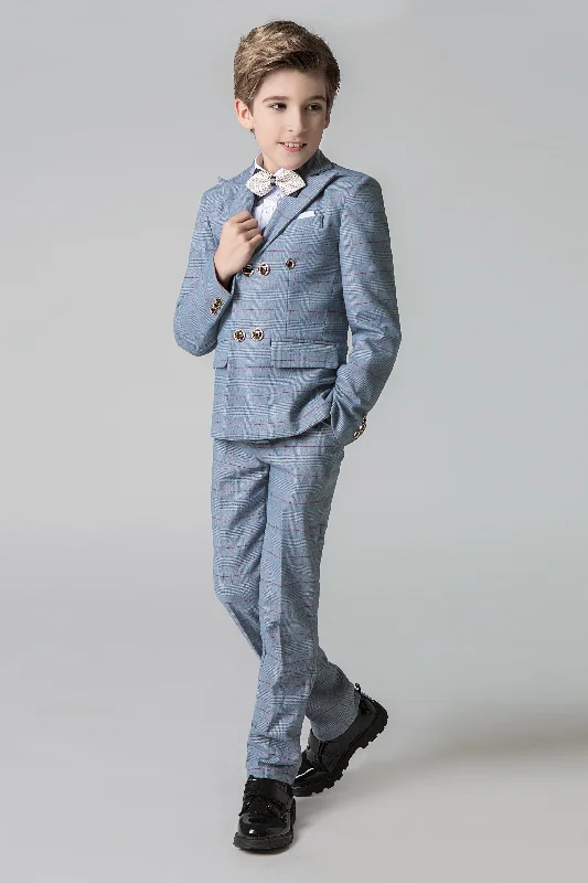 Men's gray business suit -Light Blue Plaid Elegant Formal 5 Piece Boys Suits