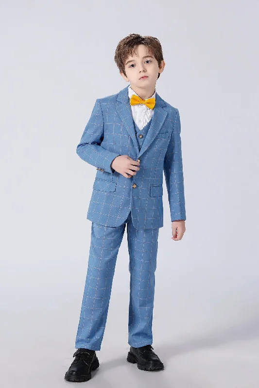 Men's khaki wedding suit -Light Blue Plaid Elegant Formal 5 Piece Boys Suits