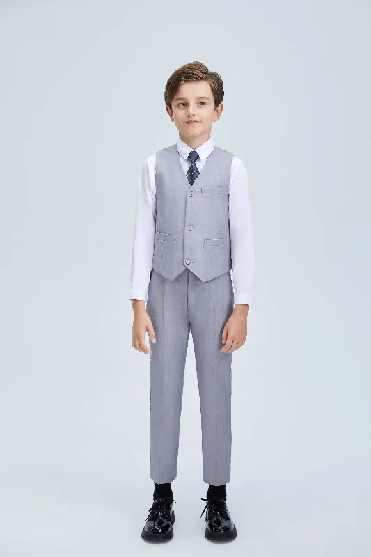 Men's formal wear tuxedo -Light Grey Classic 4 Piece Boy's Formal Suits With Vest+Pants+Shirt+Tie