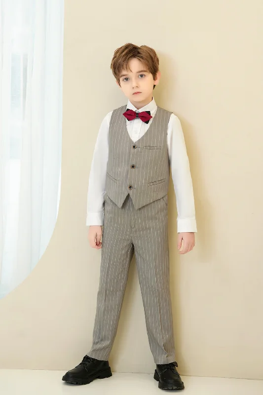 Men's custom wool tuxedo -Light Grey Striped Modern 4 Piece Boy's Formal Suits