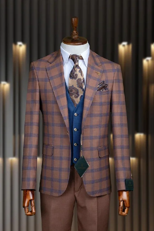 Men's long suit jacket -Marco Lorenzo Premium Cognac & Blue Plaid Compose Slim Fit 3pc Suit