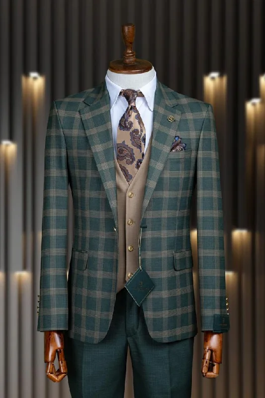 Men's vintage style suit -Marco Lorenzo Premium Green & Beige Plaid Compose Slim Fit 3pc Suit