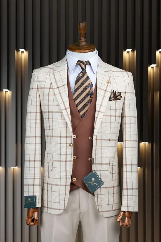 Men's business professional suit -Marco Lorenzo Premium Ivory & Rust Plaid Compose Slim Fit 3pc Suit