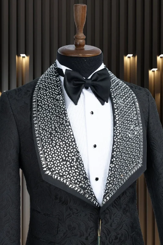 Men's wedding tuxedo jacket -Marco Lorenzo Premium Paisley Black Mosaic Pattern Collar Ultra Slim Fit Suit