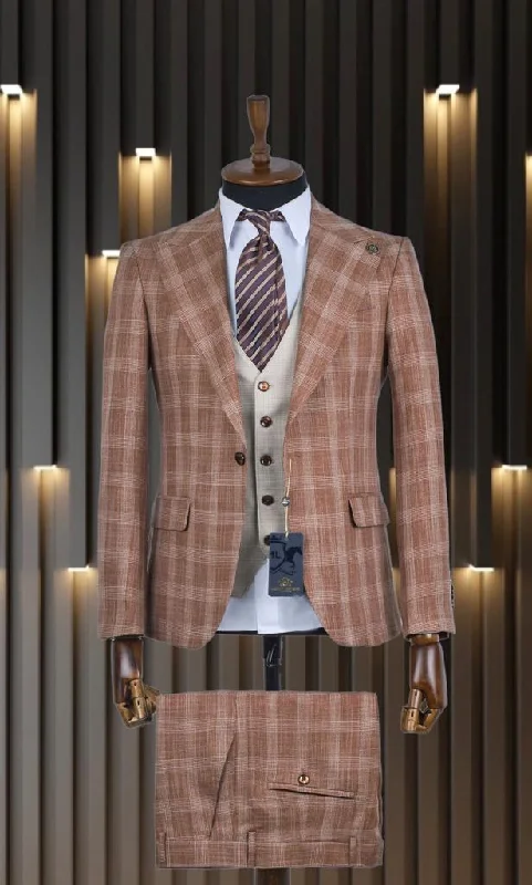 Men's embroidered jacket suit -Marco Lorenzo Premium Rust & Beige Plaid Compose 3pc Suit