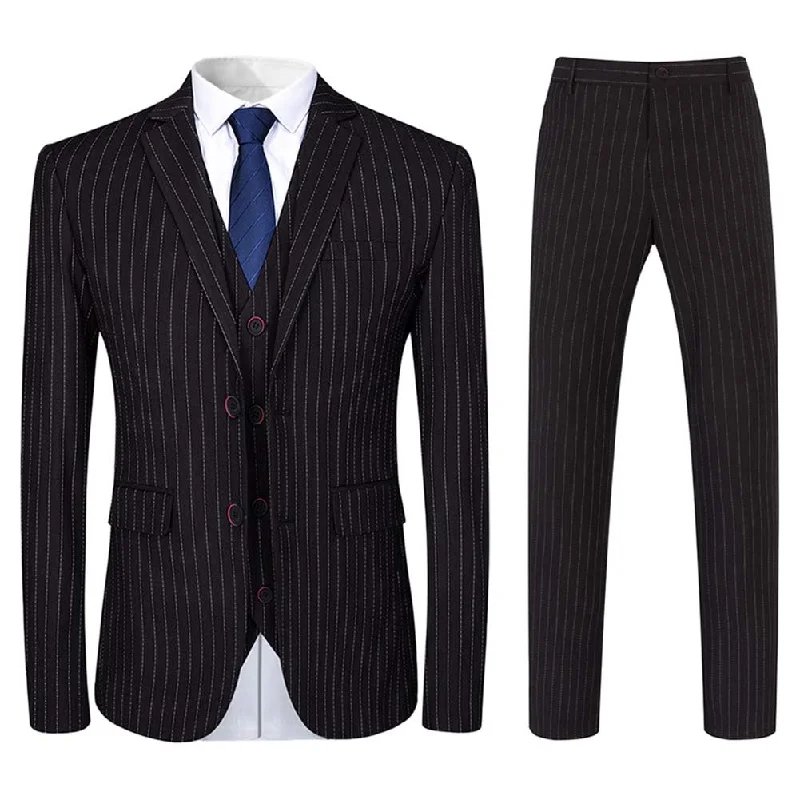 Men's suit for dinner party -Mens Black Formal Pinstripe Slim Fit Notched Lapel 3 Piece Suit