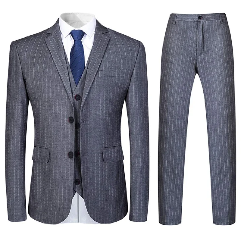 Affordable tuxedo suits for men -Mens Grey Formal Pinstripe Slim Fit Notched Lapel 3 Piece Suit