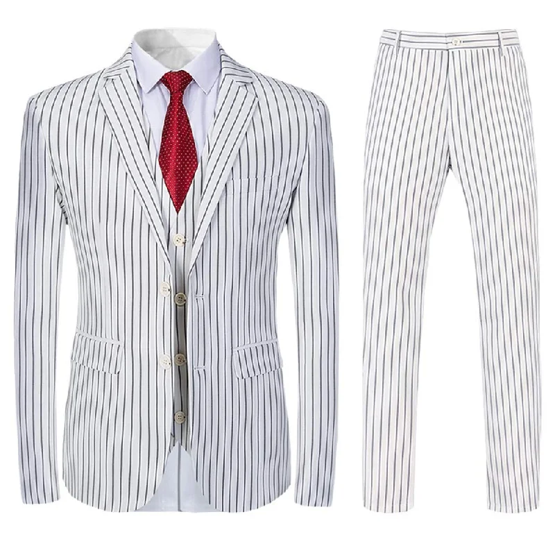 Men's suit set with trousers -Mens White Formal Pinstripe Slim Fit Notched Lapel 3 Piece Suit