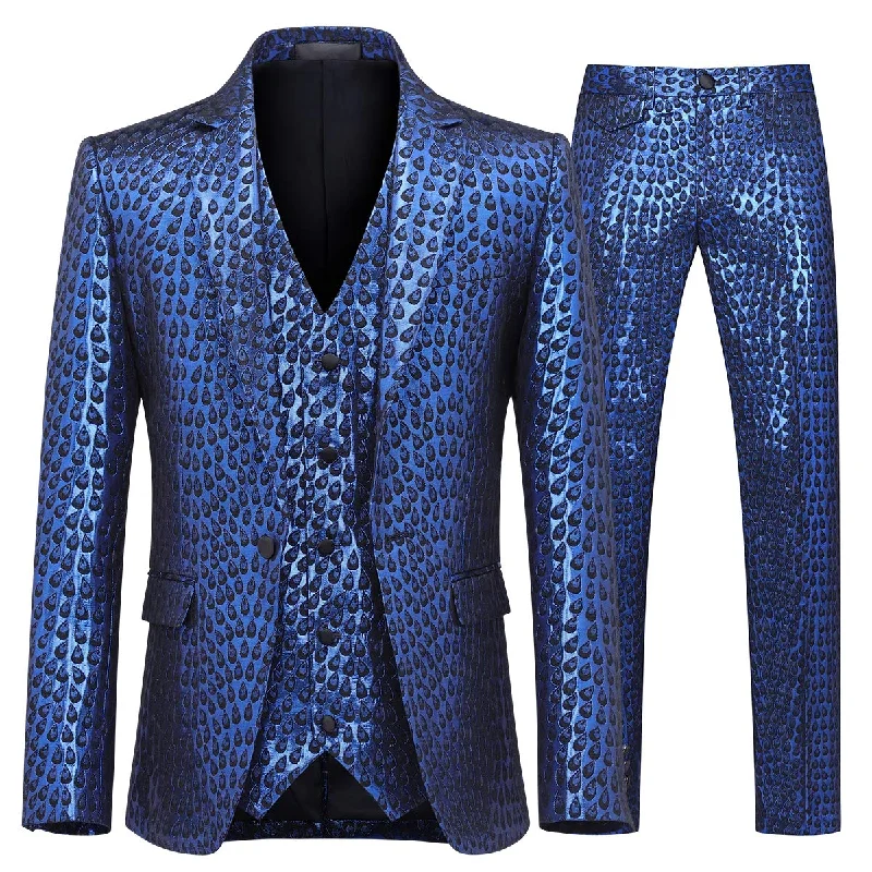 Men's suit for work -YFFUSHI Men's 3 Piece Suit Slim Fit Stylish Printed Floral Prom Tuxedo Blue