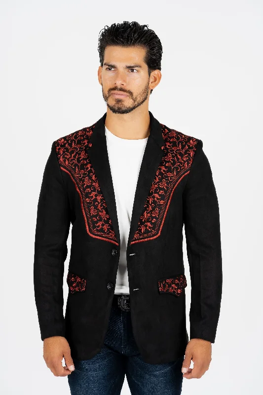 Lightweight men's suits -Men's Black/Burgundy Embroidered Faux-Suede Blazer