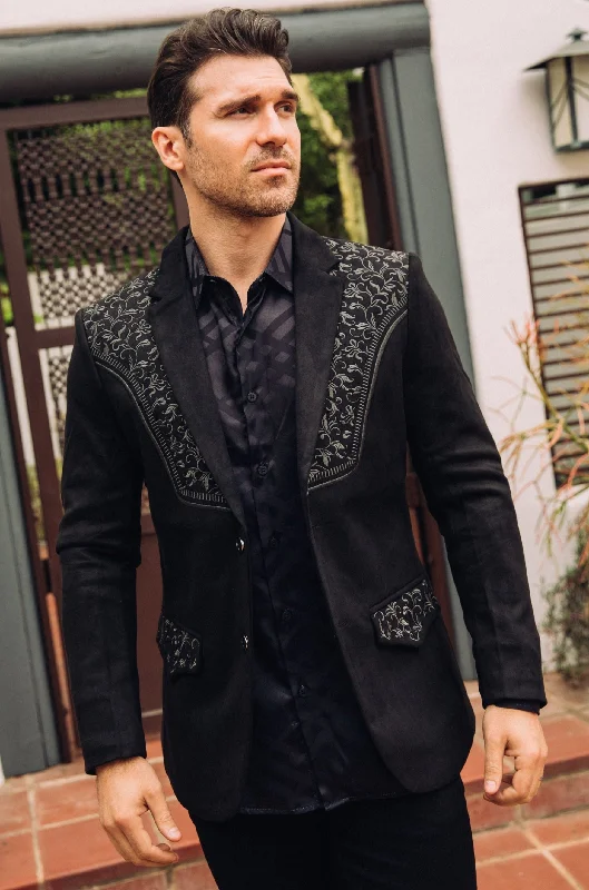 Classic men's suit -Men's Black Embroidered Faux-Suede Blazer