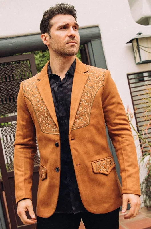 Men's tuxedo suits -Men's Camel Embroidered Faux-Suede Blazer