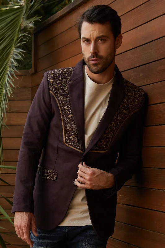 Modern men's suits -Men's Dark Brown Embroidered Faux-Suede Blazer