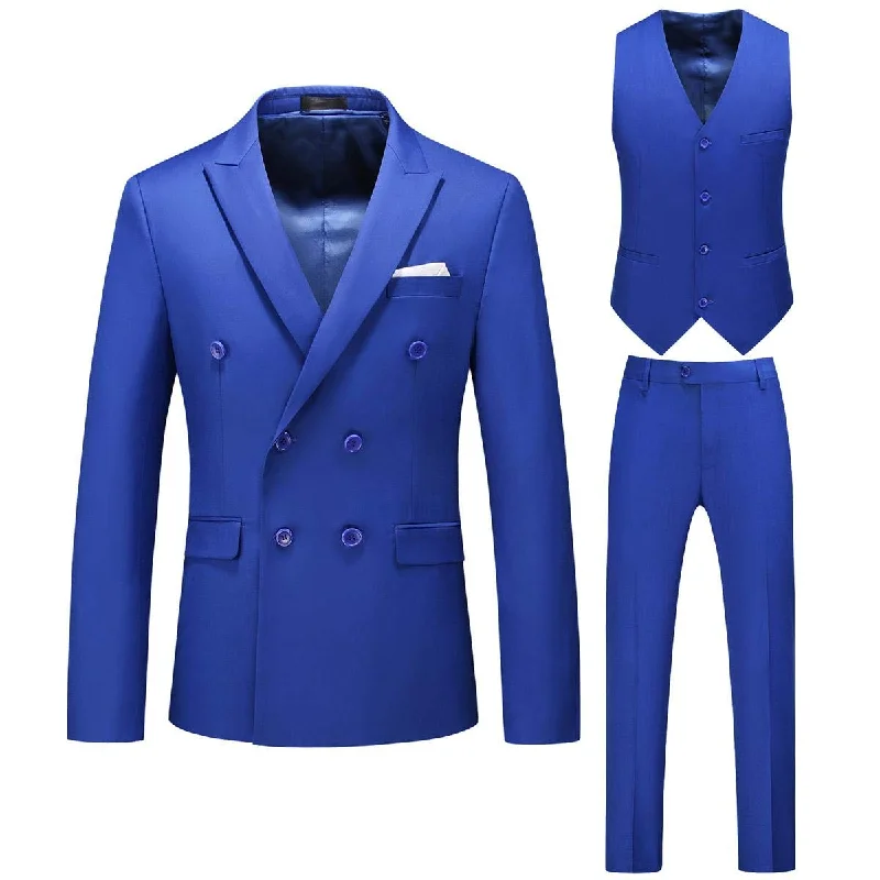 Men's satin tuxedo jacket -YFFUSHI Mens Double Breasted 3 Piece Suits Slim Fit Dress Business Formal Casual Suit Set Blue