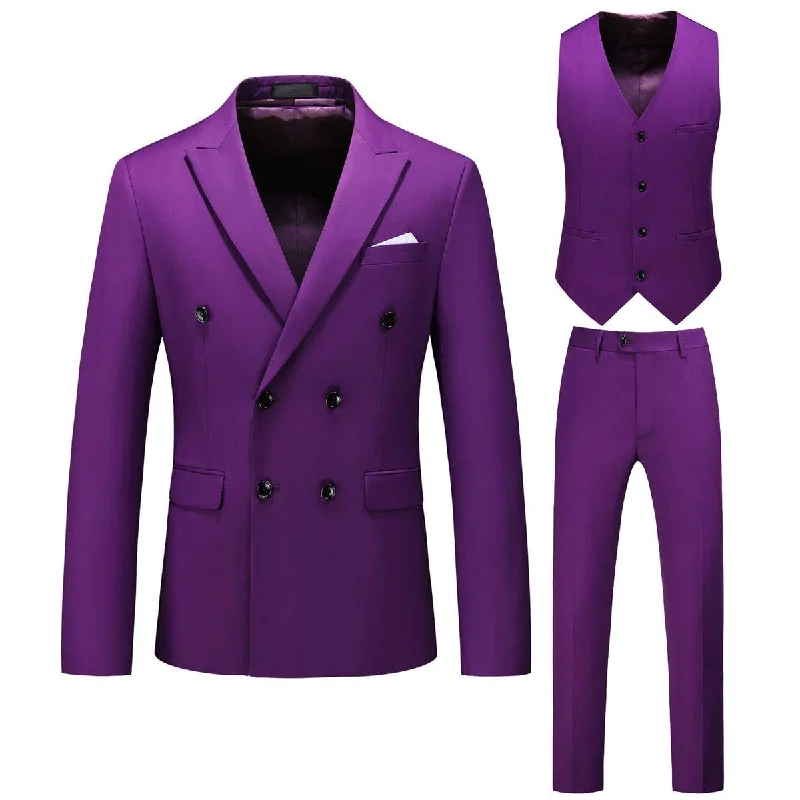 Men's slim fit suit -YFFUSHI Mens Double Breasted 3 Piece Suits Slim Fit Dress Business Formal Casual Suit Set Purple