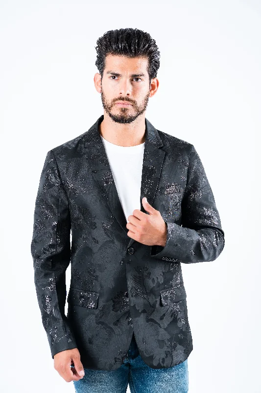 Men's high-end suit -Men's Double Button Black Flowers Print Blazer