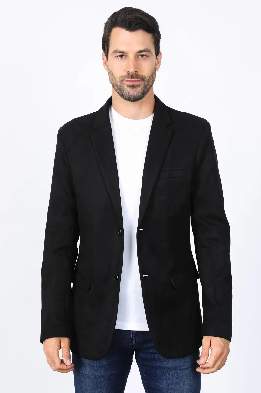 Men's suit for work -Men's Double Button Black Faux-Suede Blazer