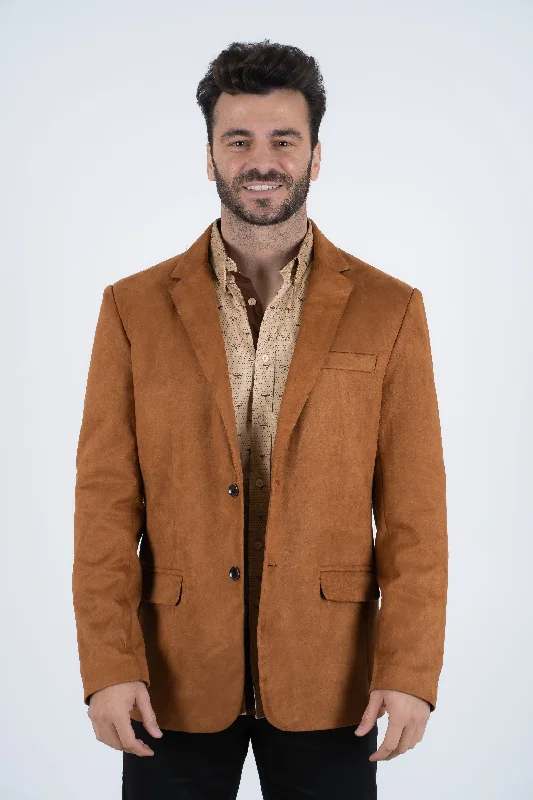 Men's plaid tuxedo suit -Men's Double Button Camel Faux-Suede Blazer