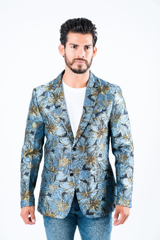 Men's light business tuxedo -Men's Double Button Blue Flowers Print Blazer