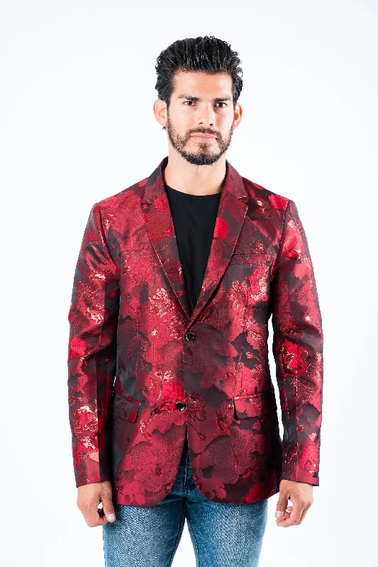 Men's suit jacket -Men's Double Button Red Flowers Print Blazer