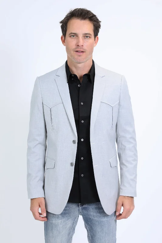 Men's fitted tuxedo -Men's Double Button Western Grey Blazer