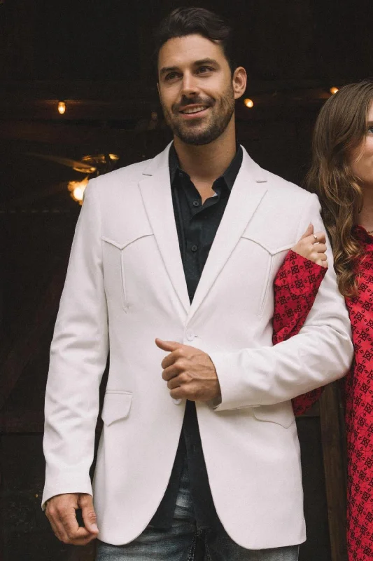 Men's trendy tuxedo suit -Men's Double Button Western White Blazer