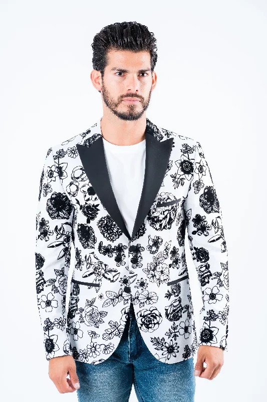 Designer men's suits -Men's Double Button White Woven Printed Blazer