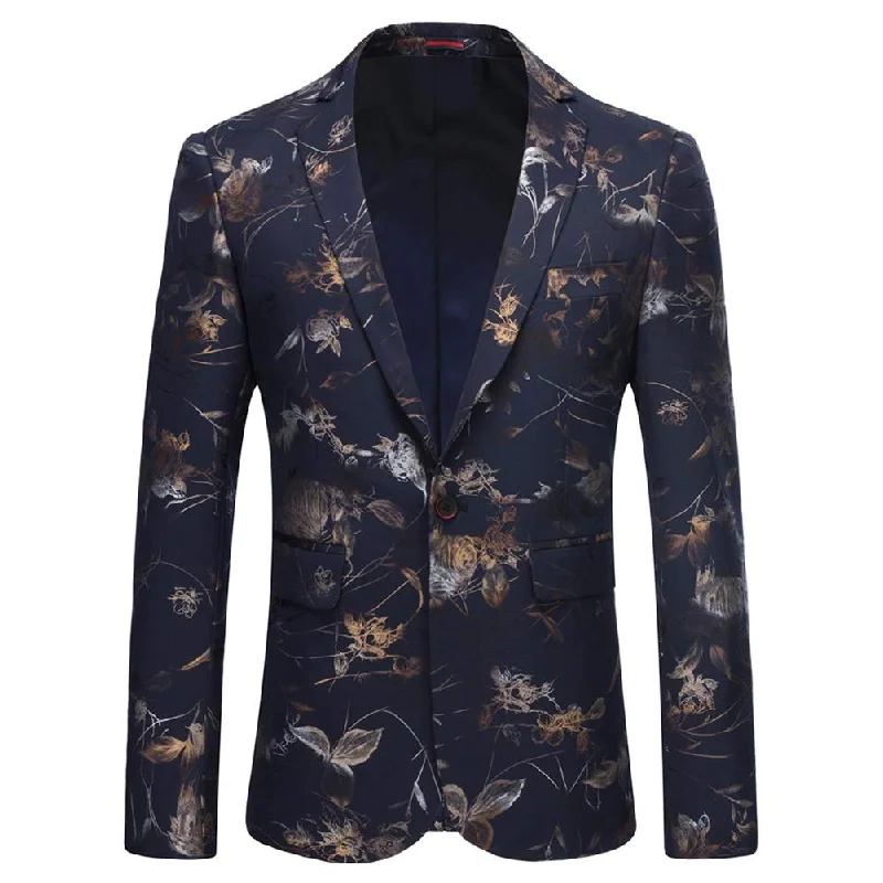 Stylish office suit for men -YFFUSHI Mens Dress Floral Suit Slim Fit Stylish Casual Printed Blazer Blue