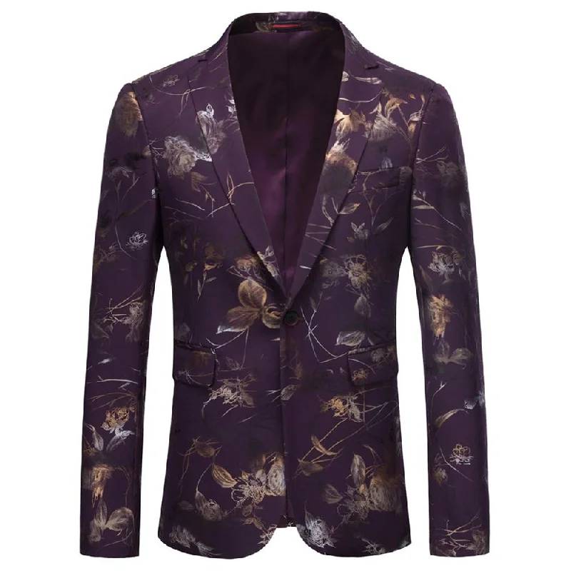 Men's business slim fit suit -YFFUSHI Mens Dress Floral Suit Slim Fit Stylish Casual Printed Blazer Purple