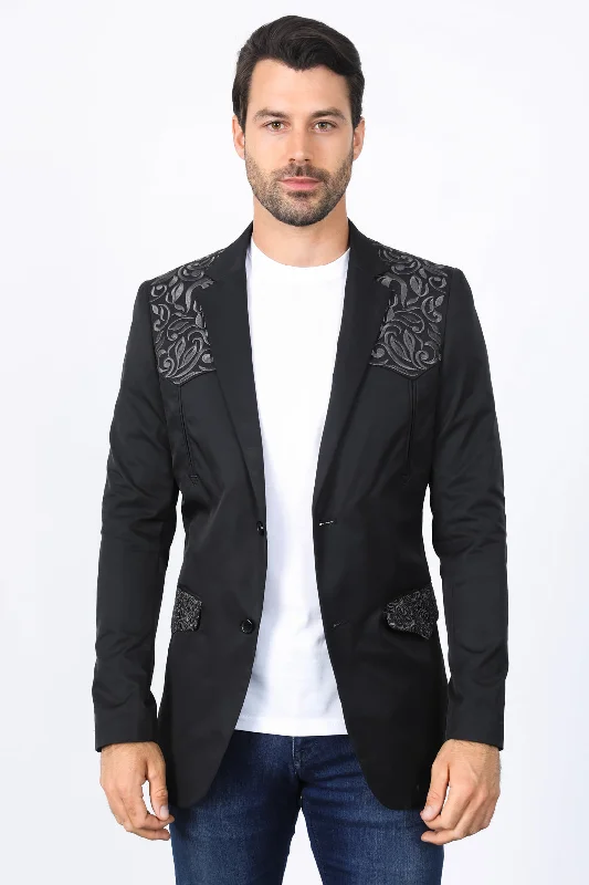 Men's suit and pocket square -Mens Embroidery Fashion Blazer