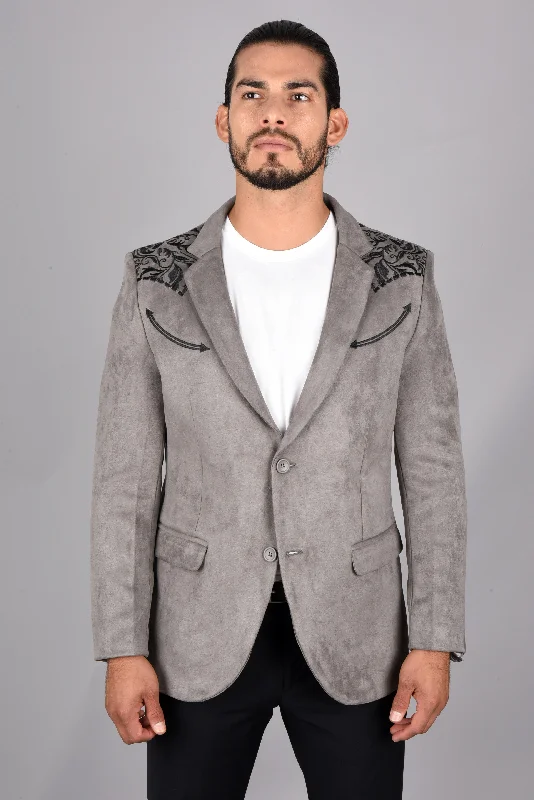 Men's pastel colored suit -Men's Double Button Gray Faux-Suede Embroidery Blazer