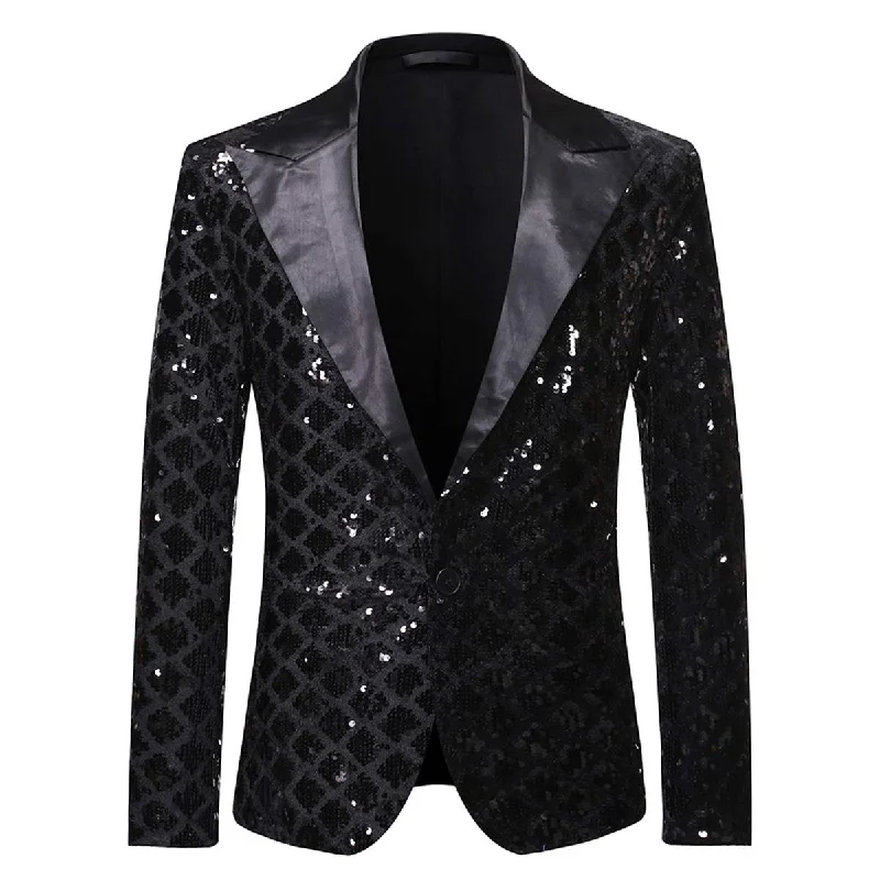 Best men's black tie suit -YFFUSHI Men's Sequins Suit Jacket 1 Button Dance Shiny Dress Tuxedo Blazer Black