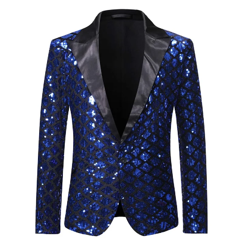 Men's embroidered suit -YFFUSHI Men's Sequins Suit Jacket 1 Button Dance Shiny Dress Tuxedo Blazer Blue