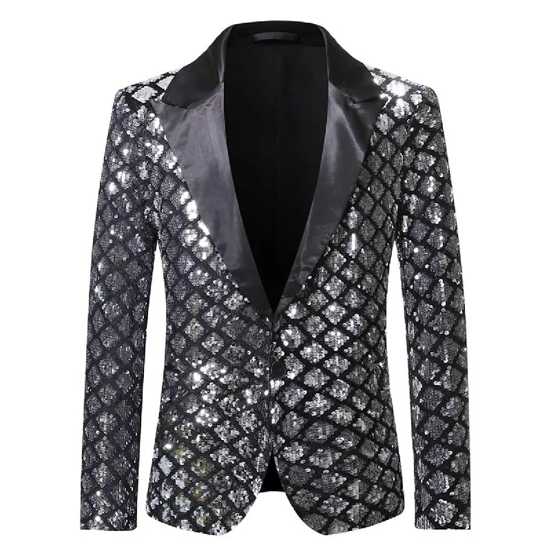 Men's wedding tuxedo -YFFUSHI Men's Sequins Suit Jacket 1 Button Dance Shiny Dress Tuxedo Blazer Silver