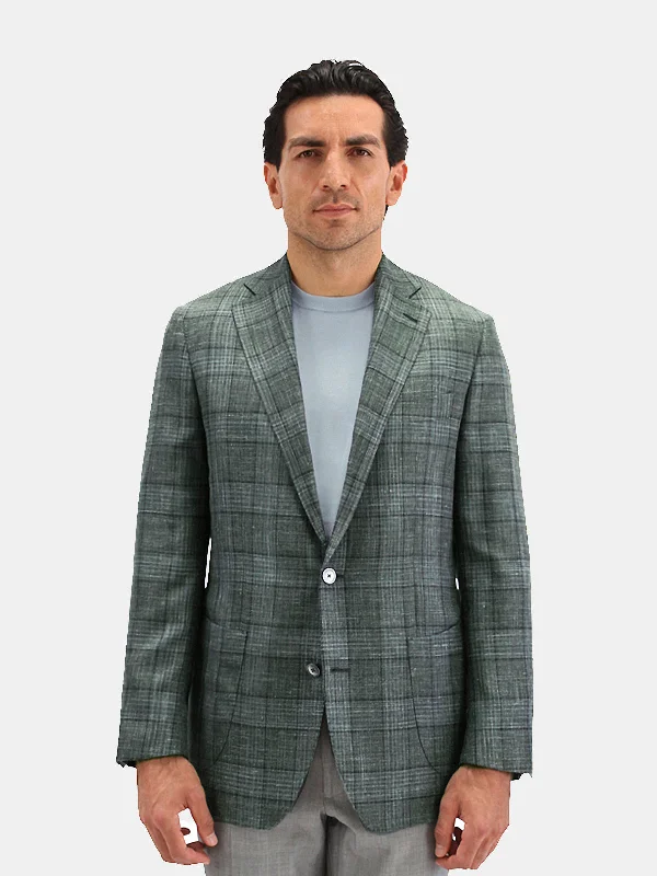 Affordable tuxedo suits for men -Lago Blazer Wool Silk & Linen Check Mid Green