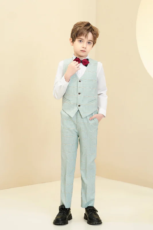 Men's plaid tuxedo suit -Mint Green Plaid Elegant Formal 4 Piece Boys Suits