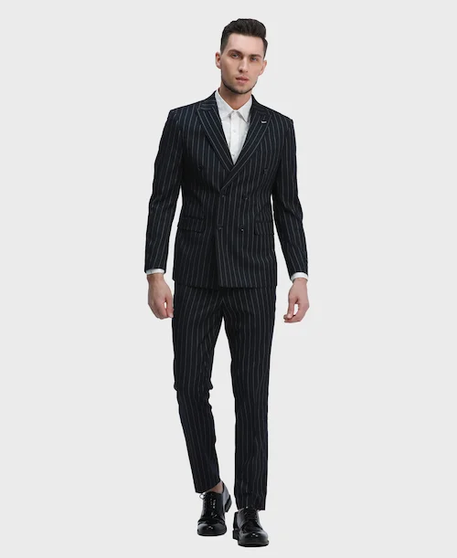 Men's embroidered suit -Navy Pinstripe Double Breasted Suit