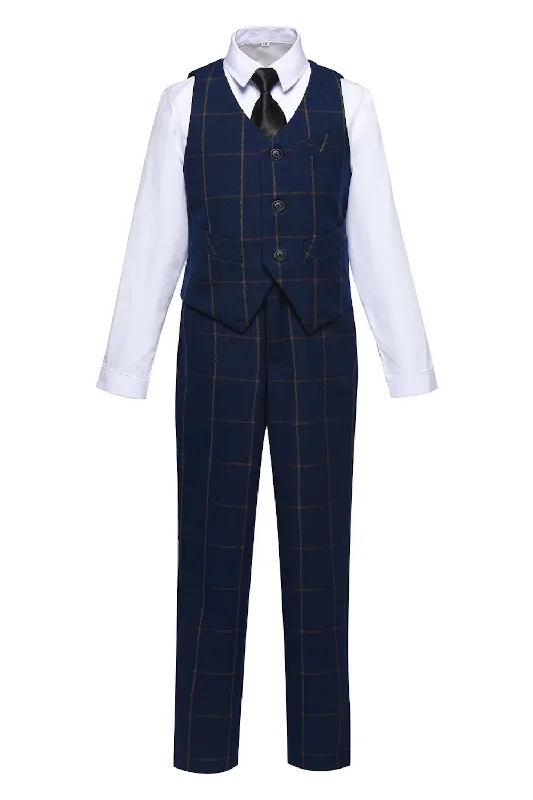 Men's suit shoes -Navy Plaid 2 Piece Kids Boys' Vest and Pants Dress Suits Set