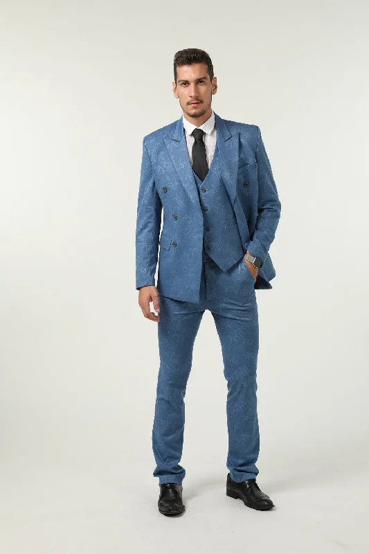 Men's double-breasted suit -New Arrival Blue Unique Patterned Party Banquet 3 Piece Men Suits