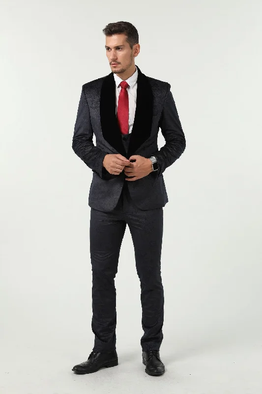 Stylish men's suits -Navy Velvet Unique Patterned Party 3 Piece Men Suits