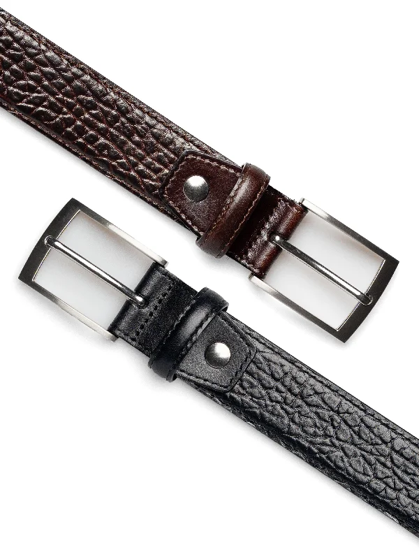 brown leather belt with brass buckle -Pebble Leather Belt with Silver-toned Buckle