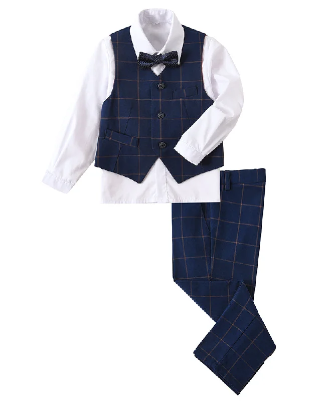 Men's formal suit jacket -Plaid Blue 4 Piece Boys' Formal Suit Set with Vest Pants Dress Shirt and Tie BS44