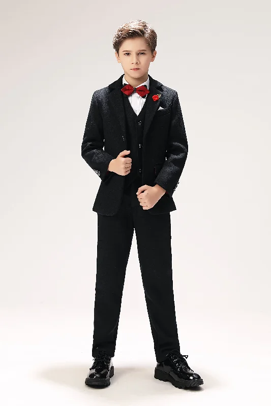 Men's slim fit suit jacket -Black Woolen Elegant 5 Piece Boys Suits