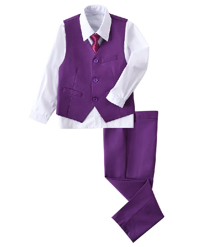 Men's suit for work -Purple 4 Piece Boys' Formal Suit Set with Vest Pants Dress Shirt and Tie BS46