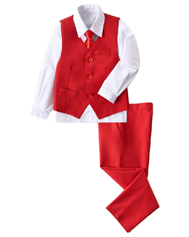 Men's suit with tie -Red 4 Piece Boys' Formal Suit Set with Vest Pants Dress Shirt and Tie BS47